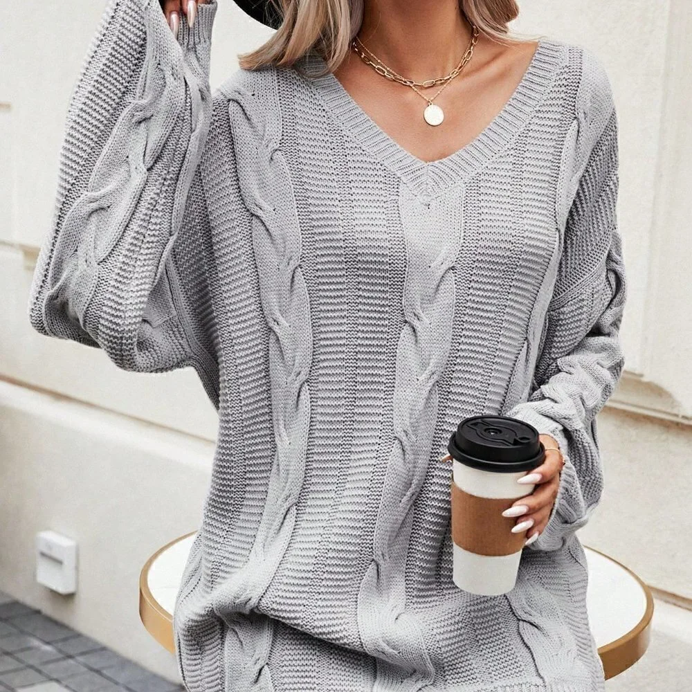 Grey Casual Womens Cable Knit Drop Shoulder V Neck Sweater - Picture 3 of 5
